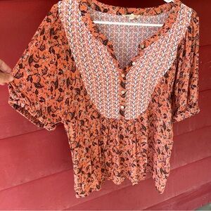 Jane and Delancey | Slouchy Patterned Boho Top, Orange/White Floral Print | Med.